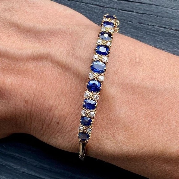 Antique Golden Cushion Cut Blue Sapphire Bracelet 925 Sterling Silver - Picture 4 of 4